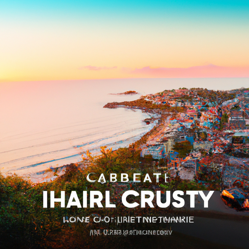A pastel-toned coastal town aerial at sunrise with a tiny van on the road